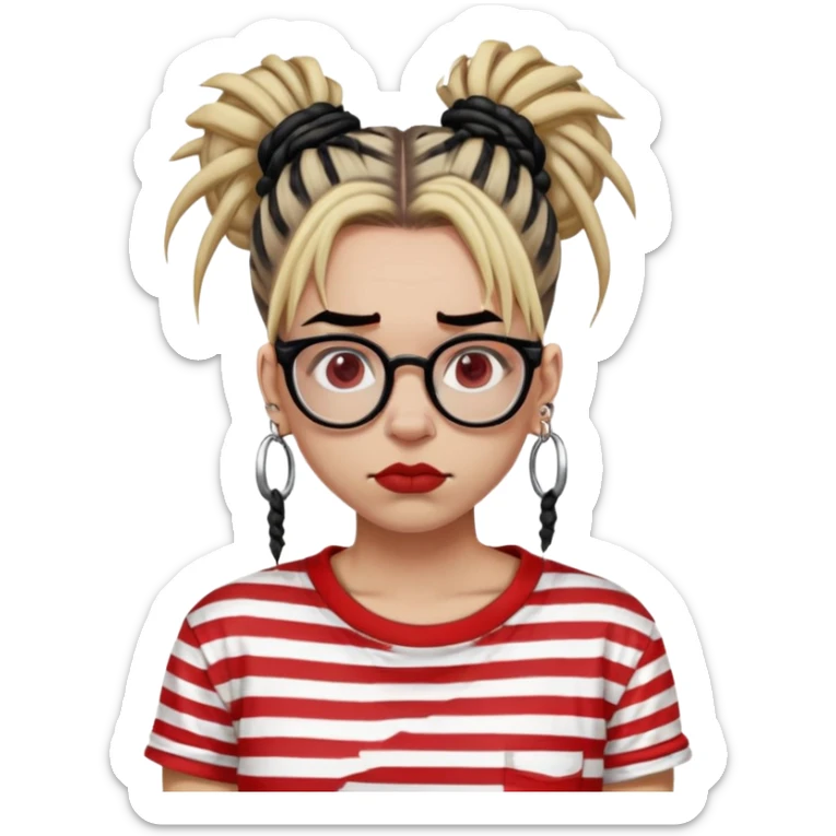 medium toned person with black and blonde dyed dreads styled in a high messy bun, wearing clear framed glasses, a red and white striped t-shirt, also having an eyebrow piercing on the right eyebrow, and a septum ring with a punk style sticker
