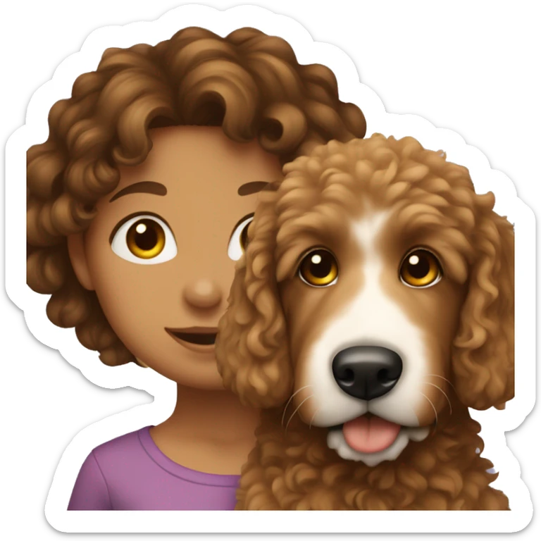Girl with brown curly hair with a golden doodle dog sticker