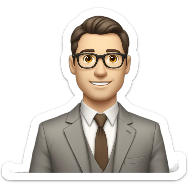 Pale skinned fit man with dark brown hair in gray jacket, beige office shirt, brown tie, brown pants and vintage glasses Writing text on a marker board sticker