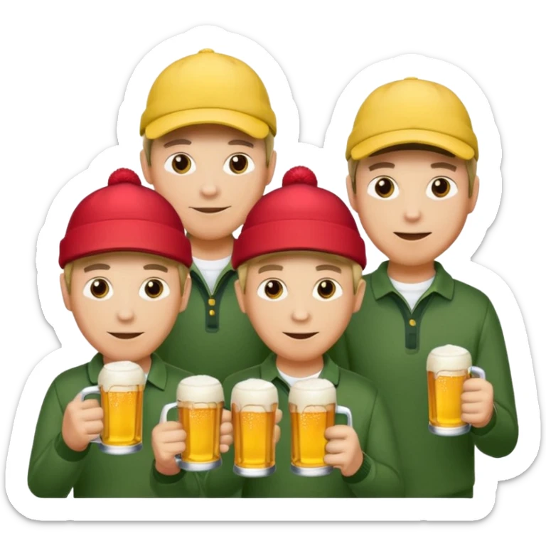 16 men on a golf trip wearing yellow golf caps all holding a beer can with a Xmas style label. Has to be 16 of them. sticker
