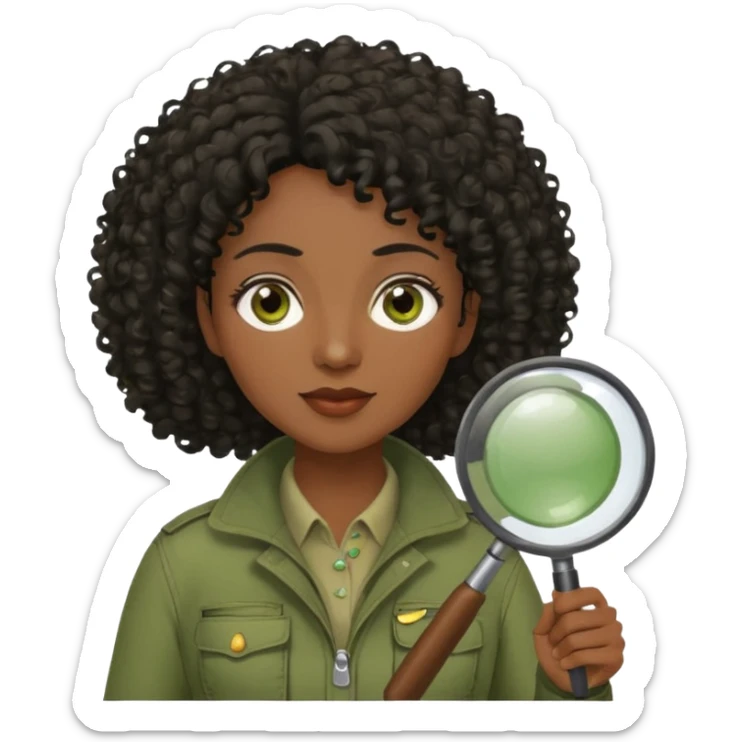 dark skin curly black haired middle-aged woman in moss green explorer outfit, holding magnifying glass sticker