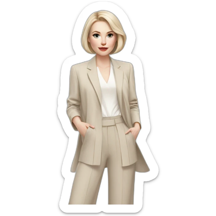pale skin woman with ash blonde Straightened bob Hair, White Spacious classical jacket, beige palazzo Arrow pants and gray blouse holding a color palette in the hands sticker