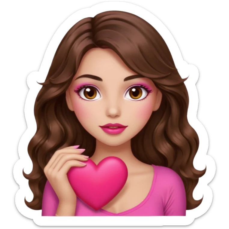 girl with long wavy brown hair, brown eyes, long lashes makeup, sexy pink lips, light to medium complexion, wearing a pink sexy top, squeezing a big heart sticker