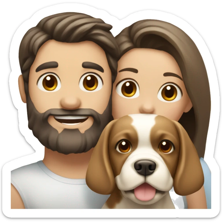 Brunette happy couple boy with beard and girl  with long hair with one cute beige French bull dog  sticker