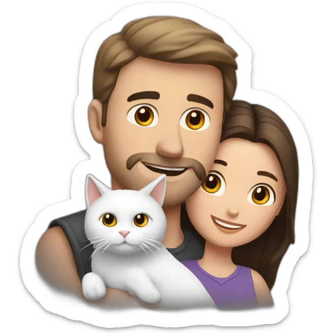 white brun man and brunette woman with a fat gray cat in their arms sticker