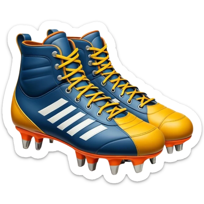 Cinematic Realistic image of a pair of rugby boots, showcasing sturdy leather construction, detailed cleat patterns and textured surfaces, illuminated by vibrant outdoor lighting that captures their athletic purpose sticker