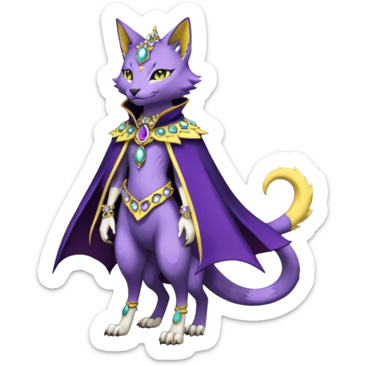 Kawaii cute Violet Yellow Black beautiful pretty elegant divine edgy feline-vernid-sergal-Fakémon-Pokémon-Digimon-fursona-animal-creature, full body, with intricate detailed markings, Embroidered capelet, Gem-studded horn ring sticker