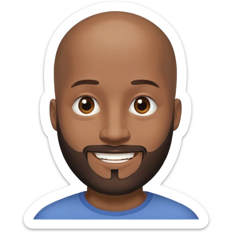 brown male with beard, black eye, no hair, full head, smile, black skin sticker