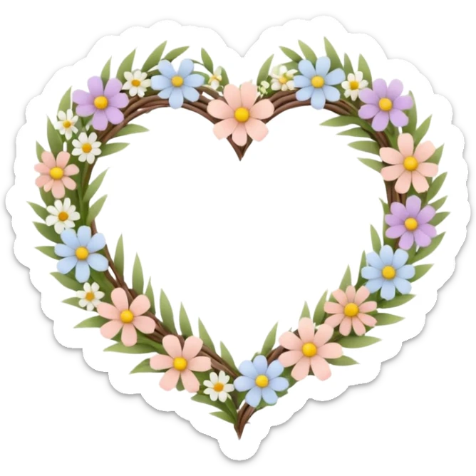 Natural cottage core aesthetic minimal flower crown in a twisty heart shape sticker
