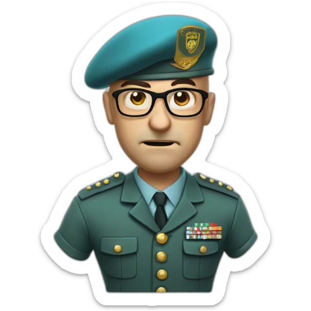 Realistic cyan beret bald very furious 50 years old man with glasses no hair furious very angry frown with khaki uniform sticker