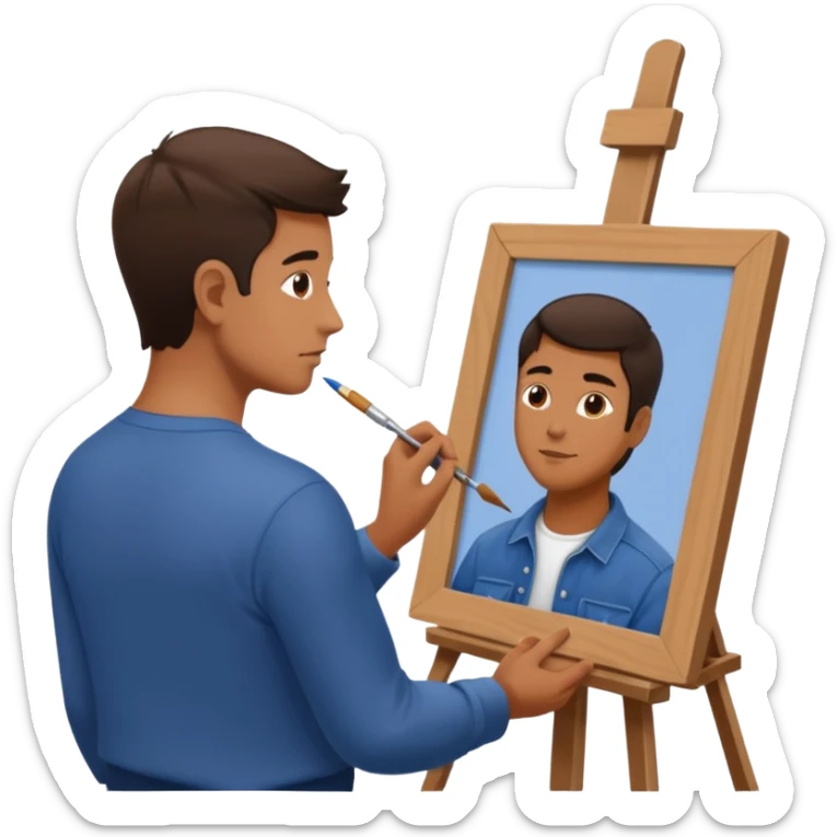 the artist stands with his back to the painting, painting a portrait sticker