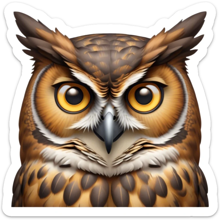 Cinematic Noble Great Horned Owl Portrait Emoji, Poised and regal, with a commanding, broad build and a richly mottled plumage of grays, whites, and subtle browns, deep-set soulful golden eyes, Simplified yet sharp and sophisticated features, highly detailed, glowing with a soft, dignified glow, high shine, intelligent and enigmatic, stylized with an air of nocturnal majesty, focused and attentive, soft glowing outline, capturing the essence of a watchful and confident raptor, so majestic it feels as though it could silently swoop out of the screen with effortless authority! sticker