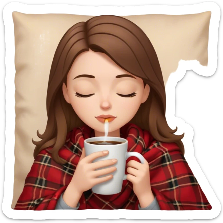 White girl brunette inside a brown and red flannel blanket sipping coffee eyes closed sticker