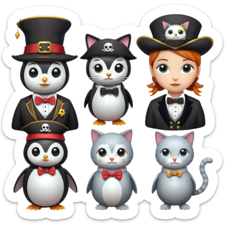 Penguin Wizard, pirata, gato con sombrero y pajarita y mujer con cuerpo de robot sticker