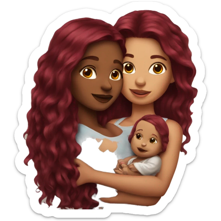 Beautiful tattooed burgundy long haired woman holding a baby sticker