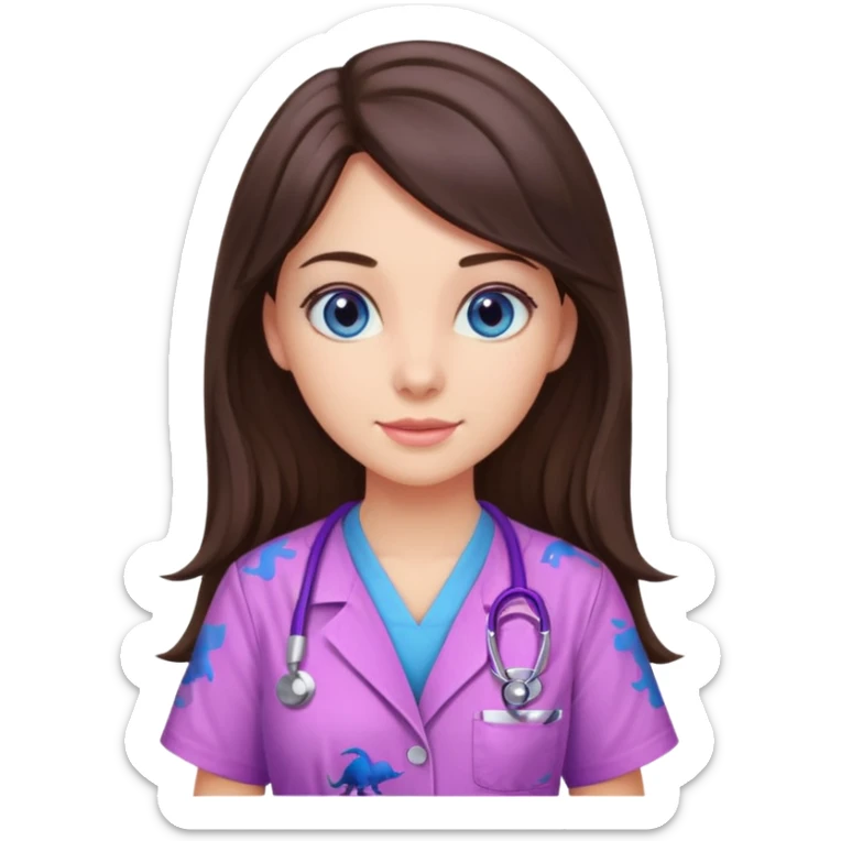 pretty brunette nurse with long hair and blue eyes in pink and purple dinosaur pattern scrubs sticker