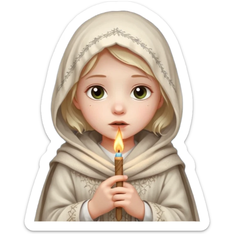 A small girl in a worn winter dress and shawl, holding a glowing matchstick close to her face, eyes wide with soft hope.
 sticker