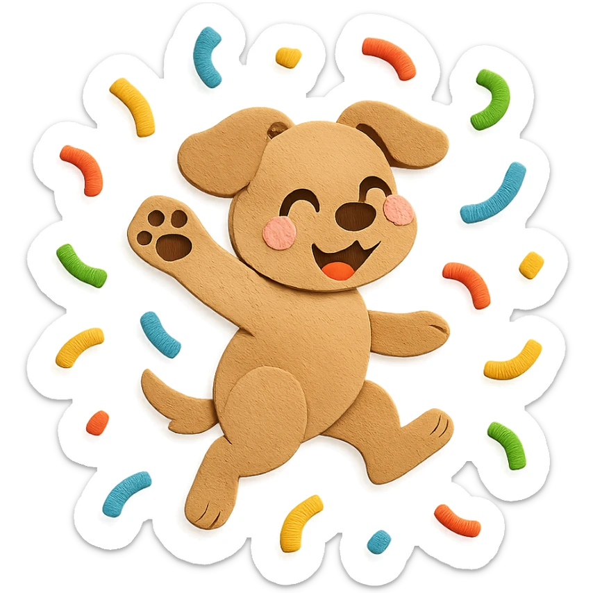 highly detailed, high quality paper craft style illustration of a puppy jumping through confetti with a paw up in celebration, intricate textures, soft lighting, delicate cut-paper details sticker