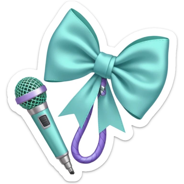 A pastel blue bow with a pastel a pastel green snake at the top of one side and a pastel purple microphone on the bottom of the other side of the bow sticker