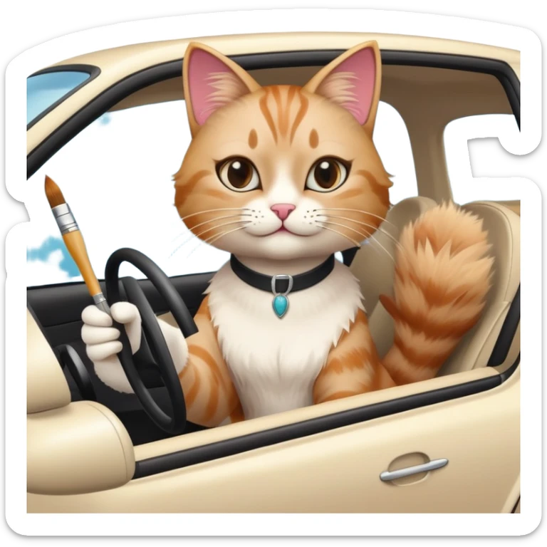 A cat with high heels and can drive a car and likes to do art sticker
