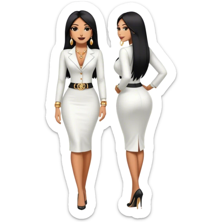 beautiful woman boss, with long straight black hair, with make up, black eye liner, smile, mexican, brown skin, wearing beautiful sexy outfit and white earings, she stand up, full body sticker