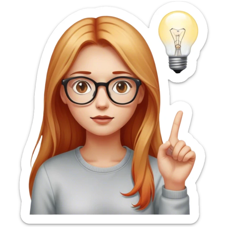 intelligent and clever, 30 year old, girl, long red and almost blond hair, glasses, has an brillant idea, one light bulb next (not over) her head in the air, casual cloth  sticker