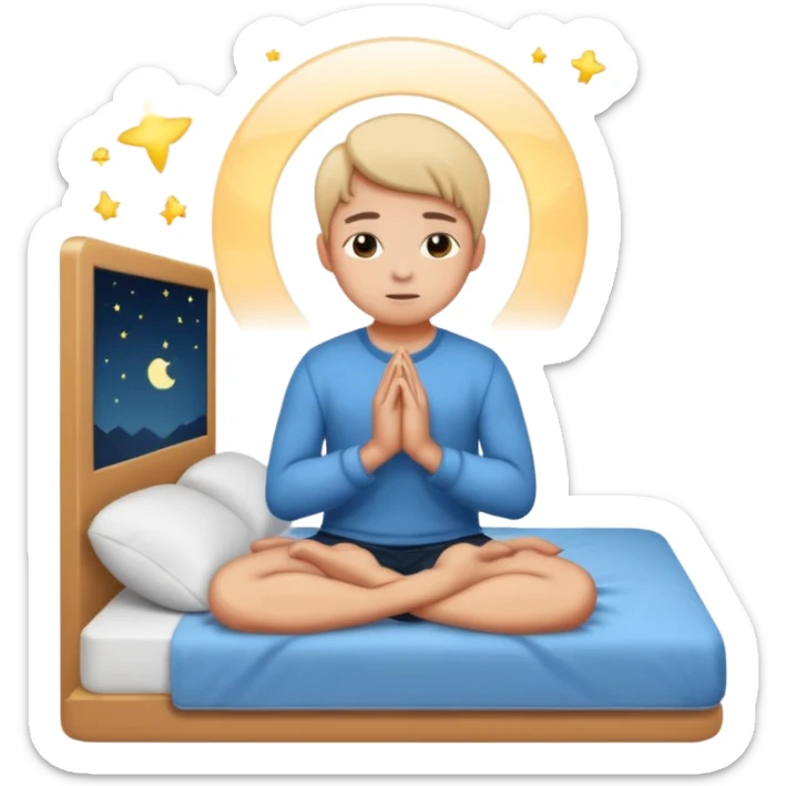 Gen Z person sitting on bed praying at night, LED lights, laptop nearby sticker