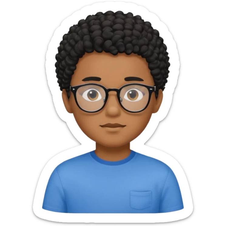 Menino moreno com cabelo curto cacheado preto, de óculos preto e blusa azul sticker