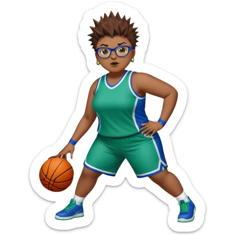 FULL BODY PLUS SIZE women with short hair SPIKEY HAIR and glasses playing basketball IN BLUE AND GREE UNIFORM NO WRITING sticker