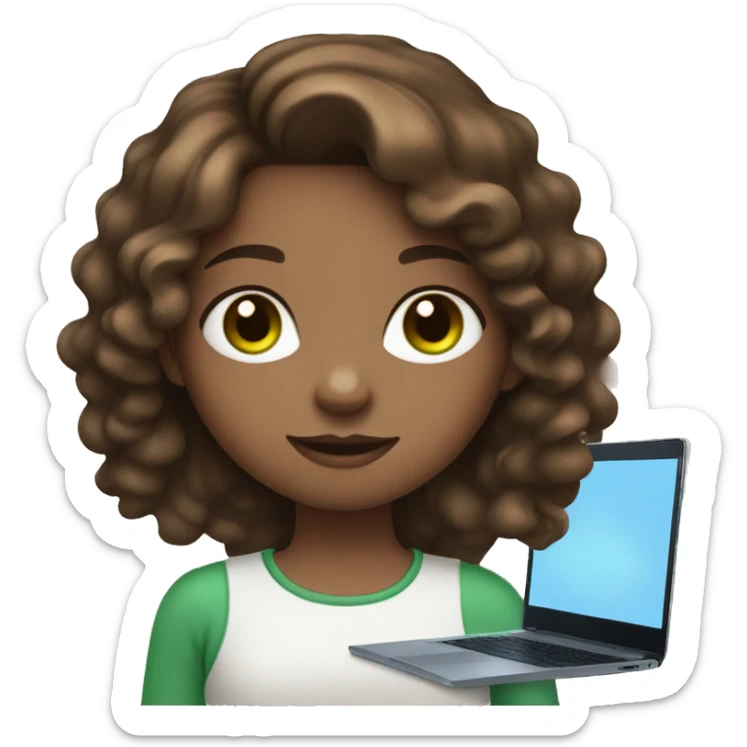 brown haired girl with blue and green heterochromia with a laptop sticker