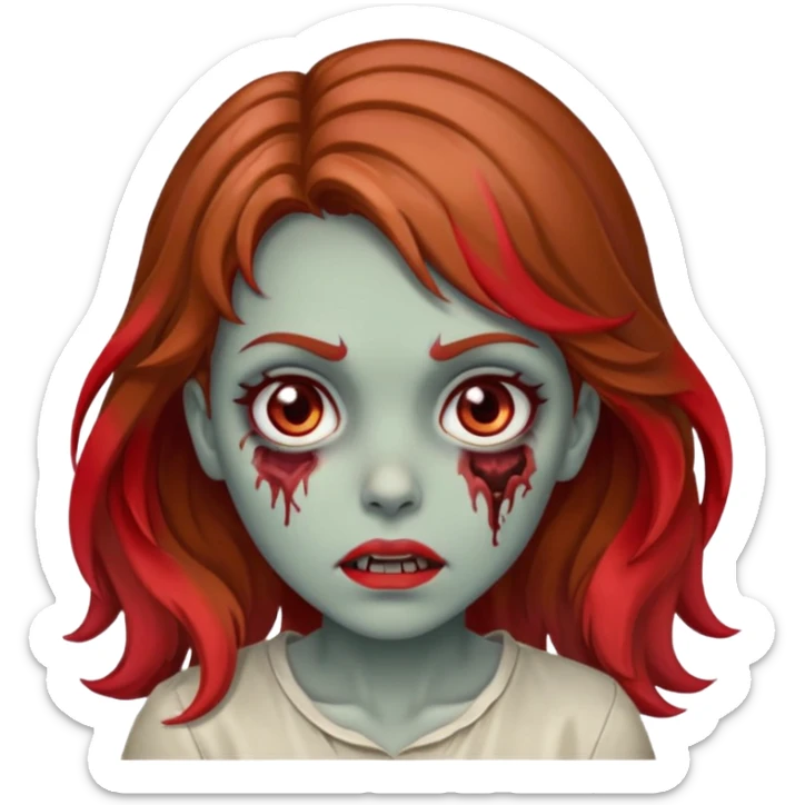 menina zumbi com cabelo ondulado, castanho meio claro meio ruivo, uma mecha vermelha e olhos castanhos  sticker