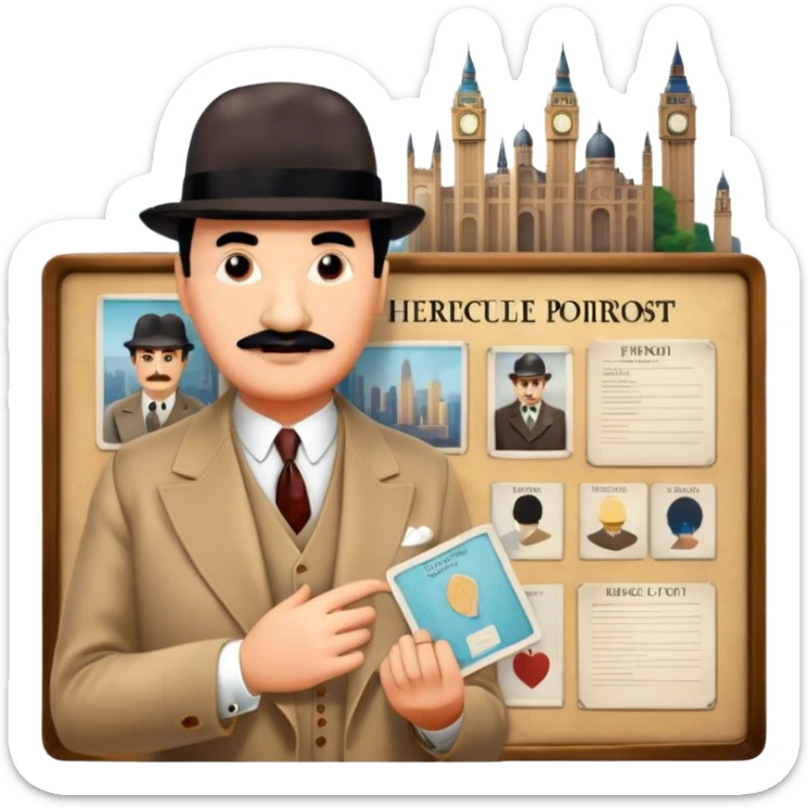 Icon for Detective Movies: A colorful collage with Hercule Poirot and mysterious city backdrop. Include a board with photos of suspects, clues like fingerprints and a crime scene. Retro movie poster style. Transparent background. sticker