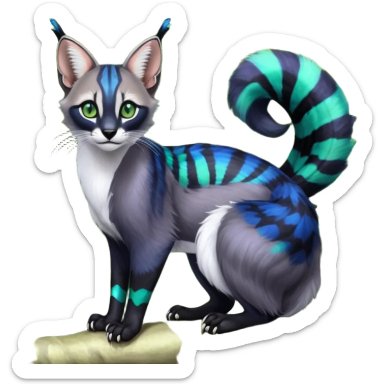 Colorful dark tropical cobalt-blue, black, white fur, with green eyes, iridescent glorious divine exotic cute cool beautiful shiny beautiful fantasy-caracal-civet-genet-sergal-vernid-Cacomistle-Furret-civet-oncilla-animal-Fakémon-hybrid-fursona with pattern markings (full body) sticker