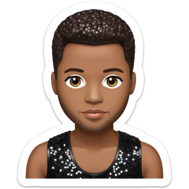 Durrell Tank Babbs, R&B Singer with dark brown hair, black sequin outfit sticker