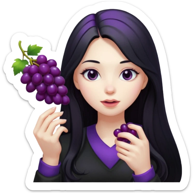 girl with long black hair, black clother with eating disorder purple food sticker