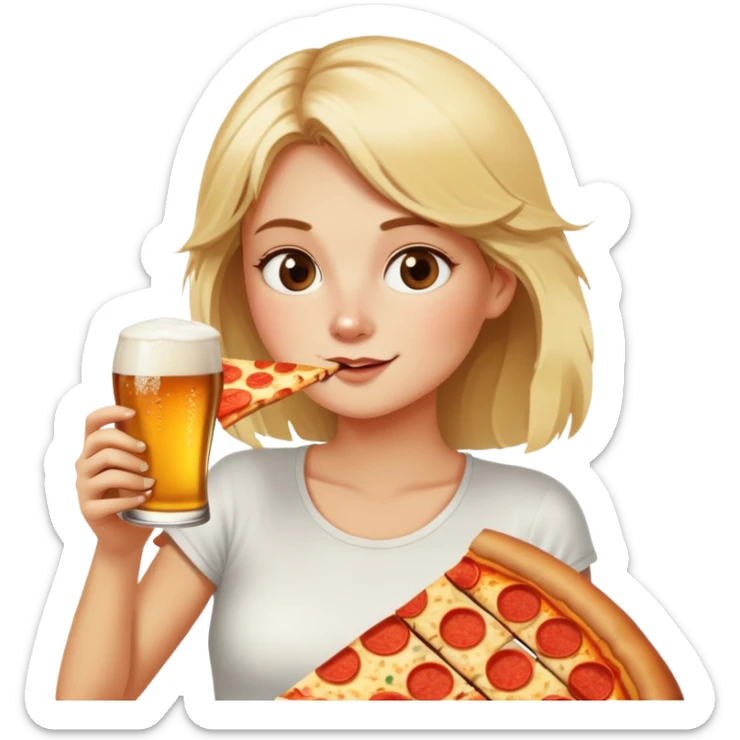 Blond girl eating a slice of pizza and drinking beer in the sunshine sticker