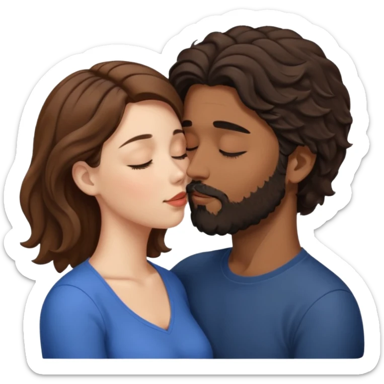 White woman (brown hair with eyes closed) kissing the top of the head (forehead) of brown man with black wavy hair (has a a beard with his eyes closed too) sticker