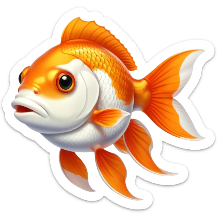 Cinematic Noble Orange and White Goldfish Portrait Emoji, Poised and regal, with a sleek, streamlined build and a vibrant body featuring a harmonious blend of orange and white hues, deep-set soulful golden eyes, Simplified yet sharp and sophisticated features, highly detailed, glowing with a soft, dignified glow, high shine, intelligent and graceful, stylized with an air of aquatic artistry, focused and attentive, soft glowing outline, capturing the essence of a watchful and confident aquatic companion, so majestic it feels as though it could glide out of the screen with effortless authority! sticker