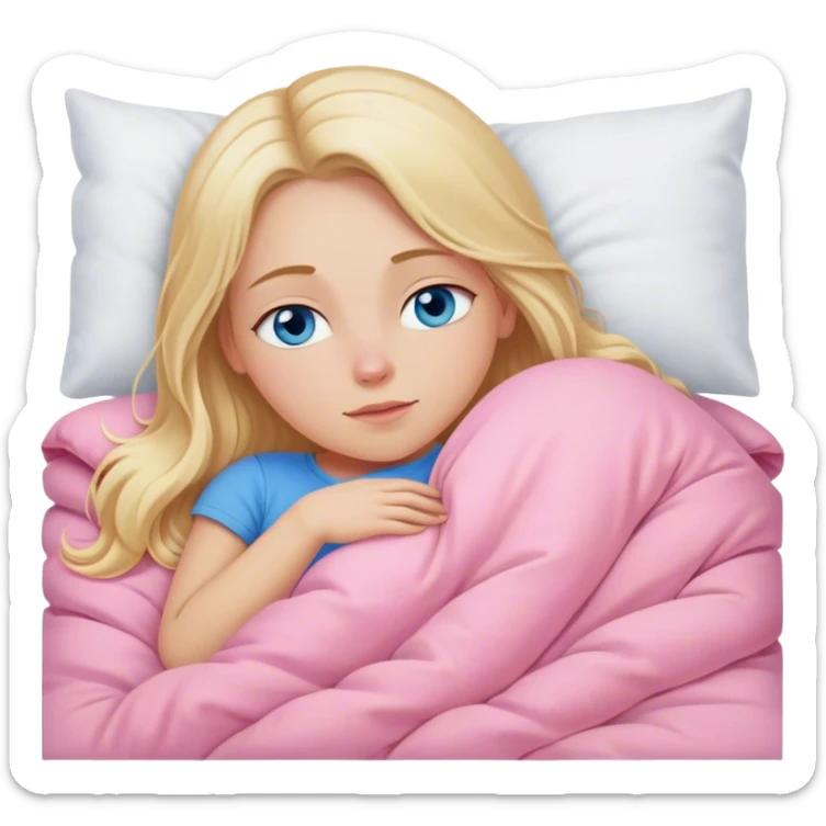 Cinematic realistic blonde with long hair, blue eyes, dressed in a pink top, sleeping in a cozy, soft bed, covered with a white duvet sticker