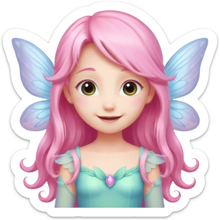 A tiny pastel fairy with pink long hair with glowing wings and a sweet smile  sticker