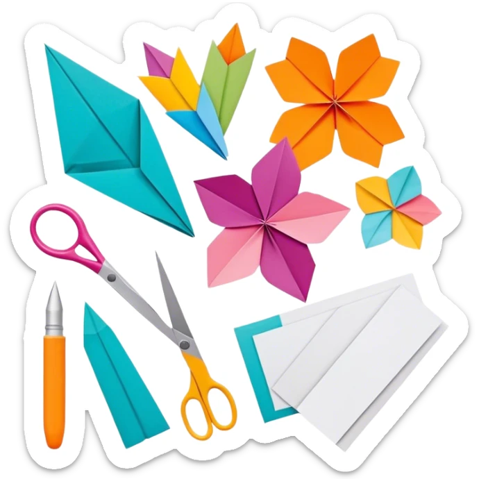 Paper crafting icon, various paper crafts like origami, paper flowers, and scrapbooking materials, visible tools such as scissors, glue stick, and paper sheets, colorful paper patterns, minimalistic style, clean lines, transparent background. sticker