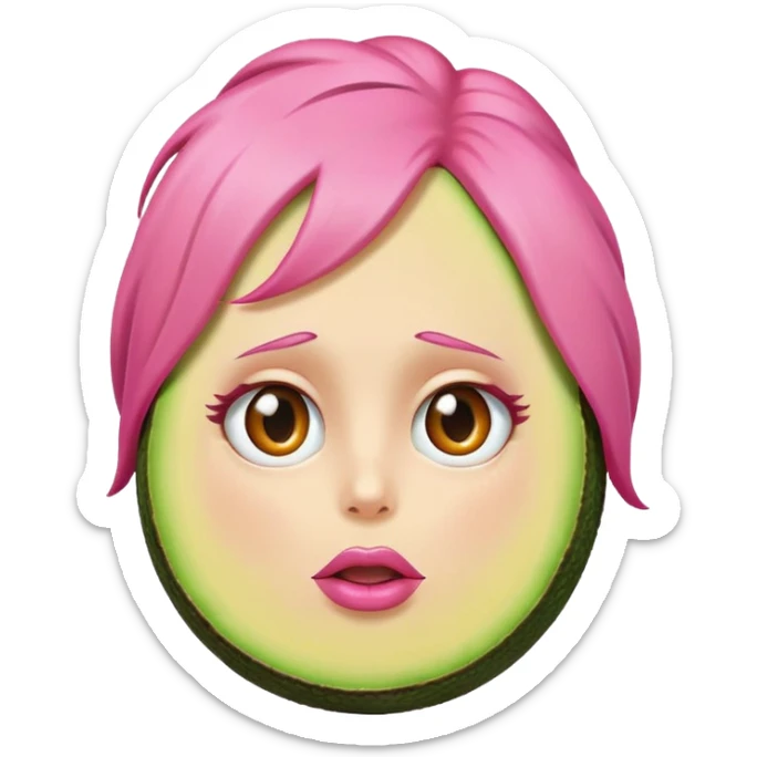 Aguacate, con ojos y cara y labios muy grandes y pelo rosa sticker
