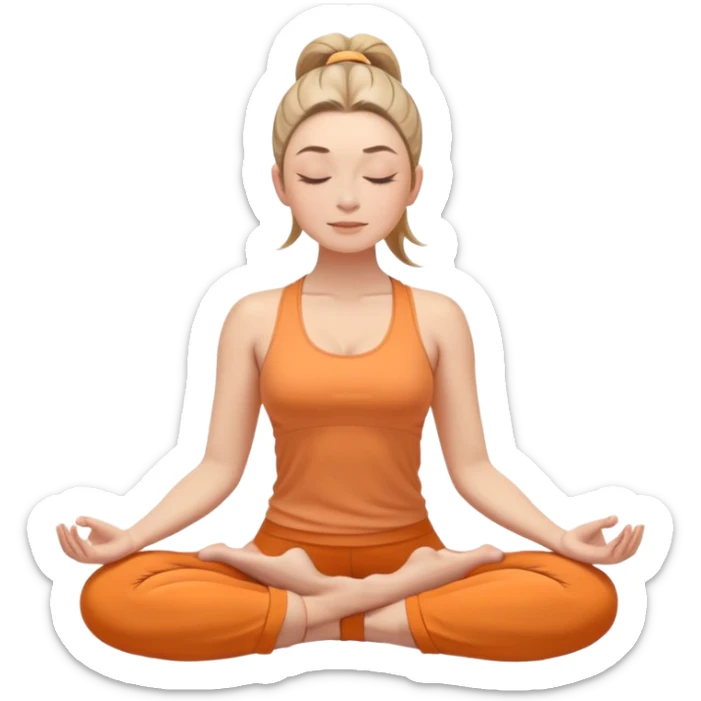 white woman with neat ponytail hairstyle, sitting in lotus position, meditating with closed eyes and serene expression, wearing light orange yoga outfit sticker