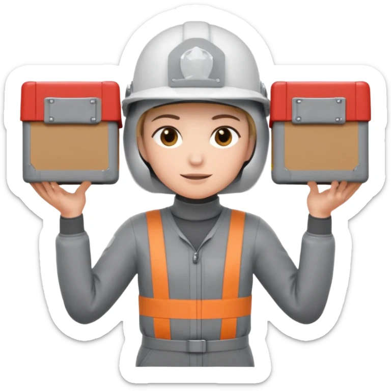Tengo que dar una capacitacion de orgonomia, necesito un emoji de un operario con casco blanco y buzo gris de manga larga que levante una caja cerrada con las dos manos a la altura de los hombros y que tenga cara de esfuerzo fisico sticker