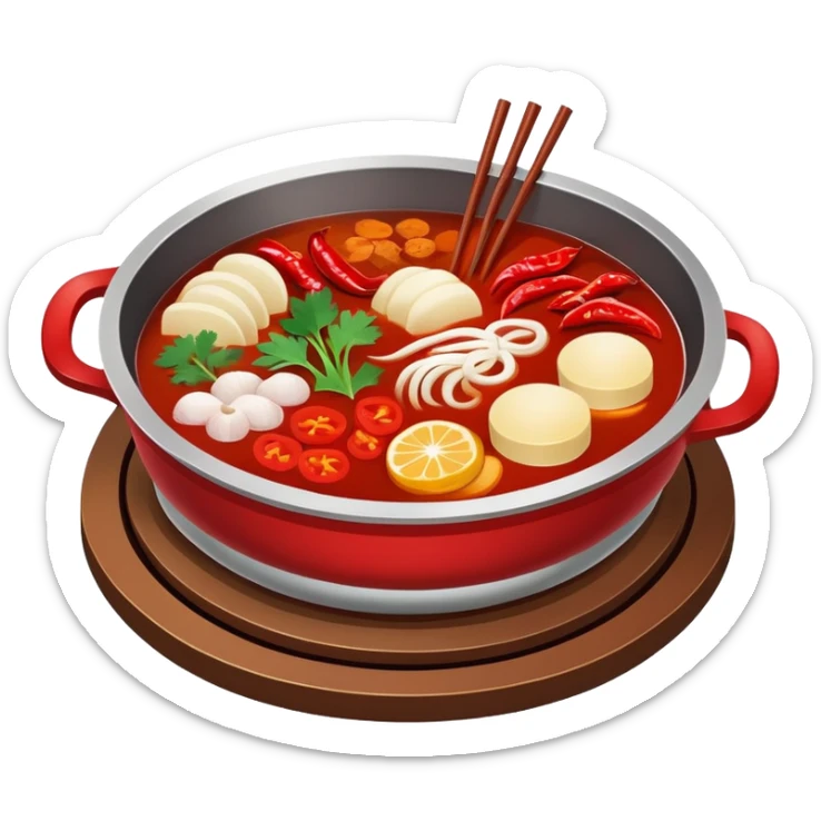 Sichuan Hot Pot with spicy red broth and ingredients, simplified emoji style with bold outlines and bright colors, cartoon style traditional Chinese divided hot pot sticker