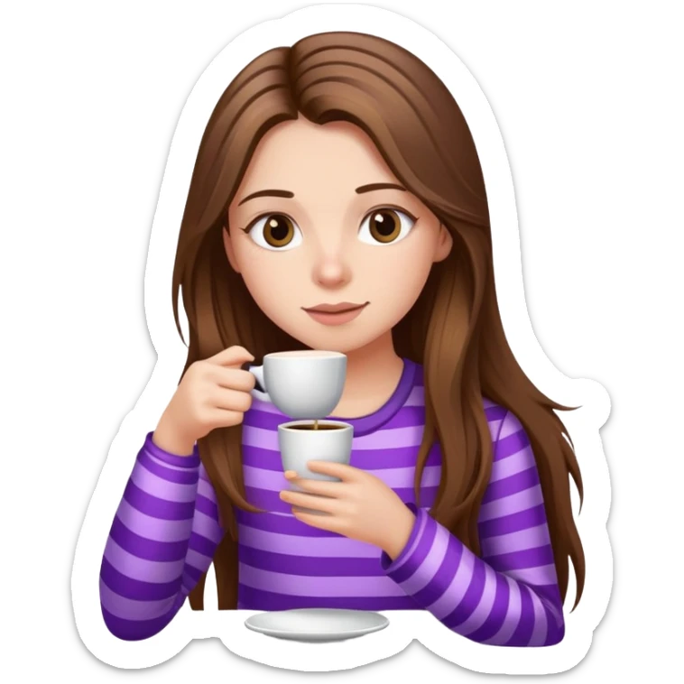 girl with long brown hair sipping coffee in purple striped pajamas sticker