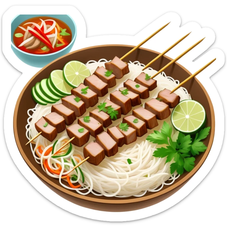 Vietnamese Bún Thịt Nướng with meat specifically grilled on skewers, alongside a bowl of rice vermicelli noodles, herbs and vegetables sticker