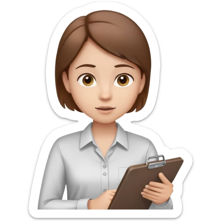 Intern or volunteer with brown hair holding a clipboard and pencil, ready to take notes or assist. The character wears a simple shirt and has an eager posture sticker