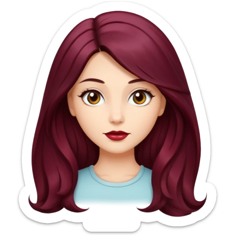 young glamorous woman 
Long waist-long hair
hair parted in the centre of her face
slightly wavy
dark burgundy hair 
 sticker
