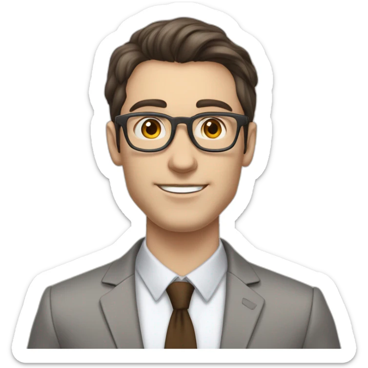 Pale skinned fit man with dark brown hair in gray jacket, beige office shirt, brown tie, brown pants and vintage glasses Writing on the flipchart sticker